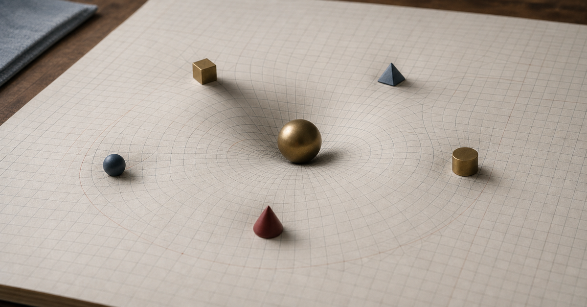 Still-life gravity well with small objects pulled across warped graph paper