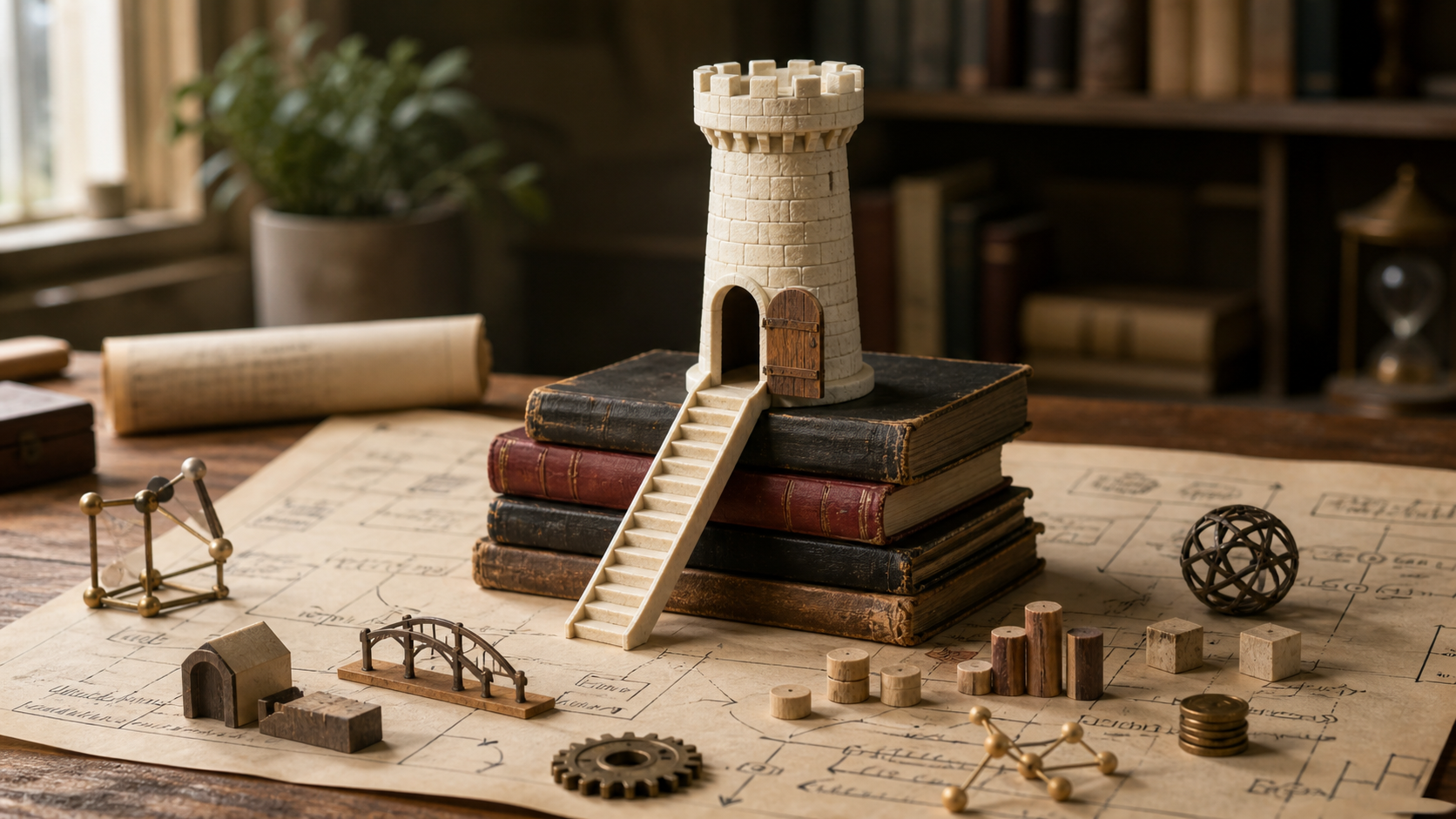 An open ivory tower with stairs leading down to a table of tools and process diagrams